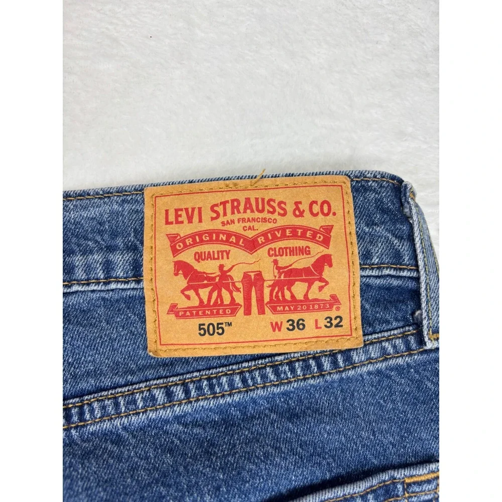 Levi's 505 Men's 36x32 Jeans Scare Crow Plaid Patchwork Grungy Deep Blue Denim
